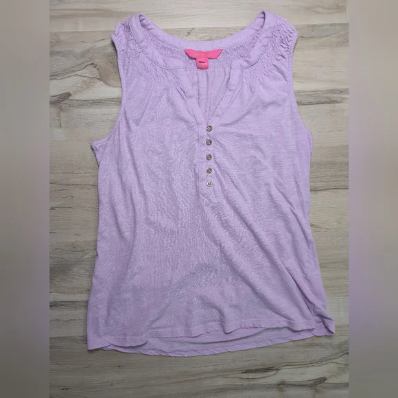 Lilly Pulitzer Essie Tank Top Lilac Freesi Purple & Gold Button - Picture 4 of 6